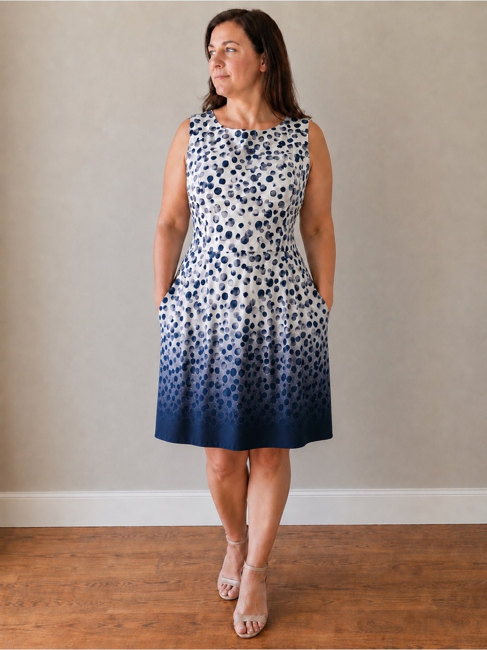 DKNY White and Navy Polka Dot Ombre Midi Dress Size 12